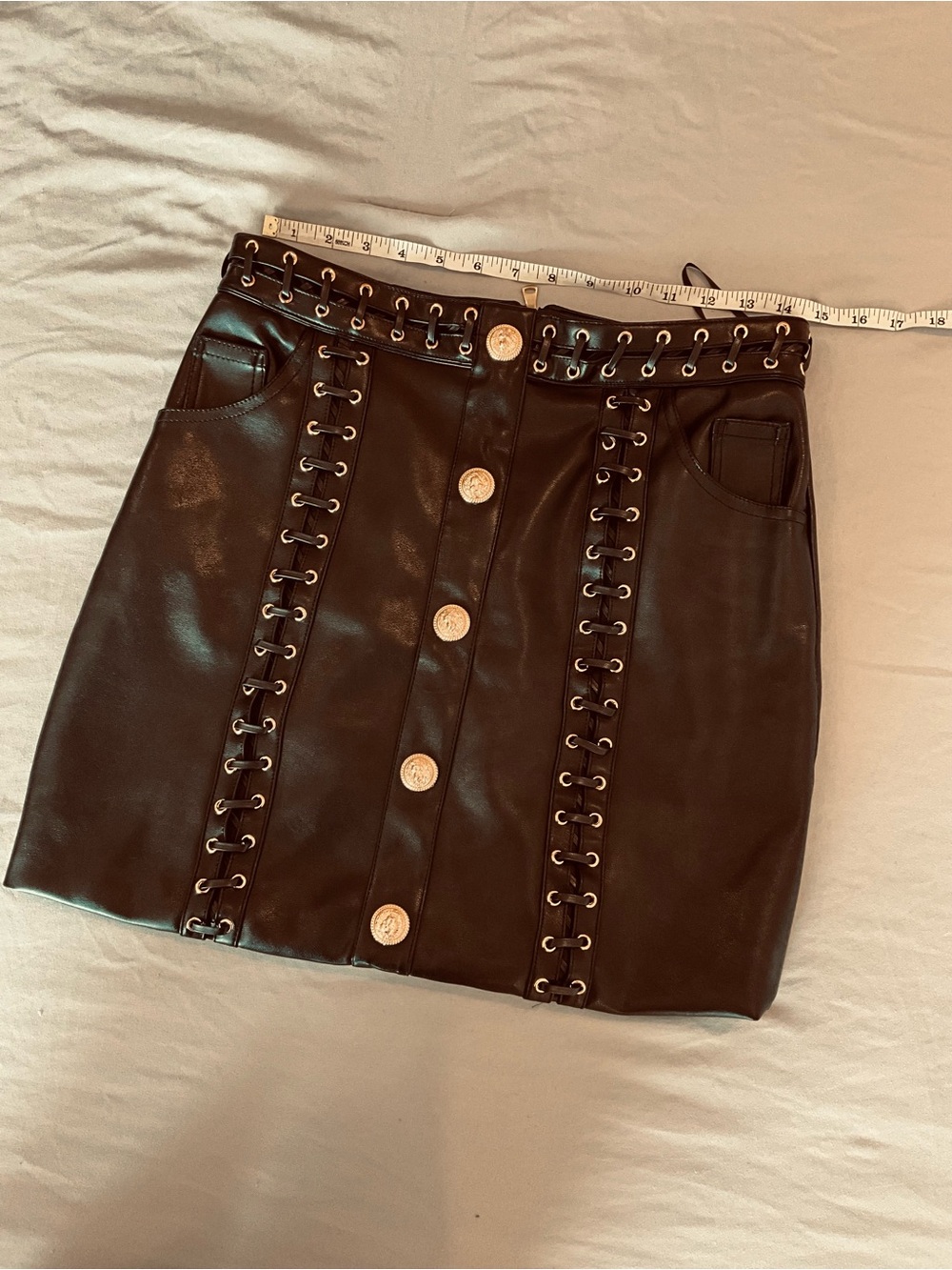 Fashion Nova Luxe Black Faux Leather Mini Skirt with Big Gold Buttons - Picture 3 of 11